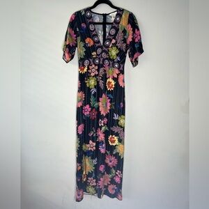 Urban Romantics modern floral maxi dress v-neck black bright colors size S small